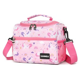 Kids Lunch Bag Cute Pink Mini Soft Cooler Meal Prep Kit Bento Leakproof Freezable Box Fit for School Picnic Waterproof Thermal Insulated Double Compartment Adjustable Strap Tote for Girls Teens