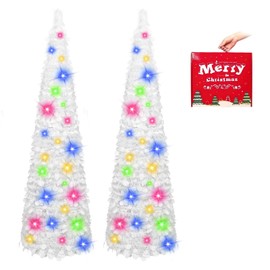 MACTING 2PCS White Pop up Christmas Tree with Lights 5FT Easy-Assembly Tinsel Coastal Glittery Artificial Collapsible Tree for Indoor Outdoor Apartment Corner Holiday Party Winter Xmas Decorations