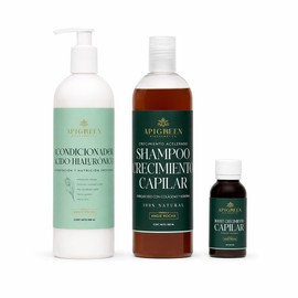 Apigreen Kit Capilar para Crecimiento y Fortalecimiento del Cabello – Shampoo 500 ml sin Sulfatos ni Parabenos, Acondicionador con Ácido Hialurónico y Boost Capilar 60 ml – Con Colágeno, Keratina, Miel, Romero y Fenogreco