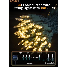 PCORES Solar Christmas Lights Outdoor, 26ft 100 LED Warm White String Lights with Waterproof Solar Panel, Clear Fairy Lights Green Wire for Garden Fence Patio Tree Decor
