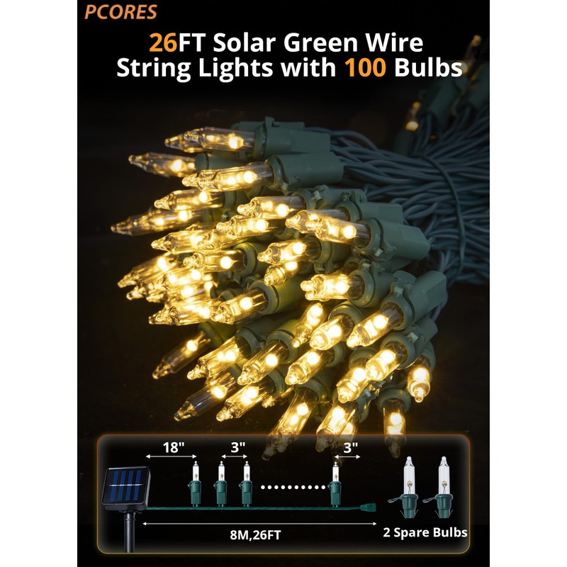 PCORES Solar Christmas Lights Outdoor, 26ft 100 LED Warm White