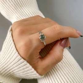 Yarrzhen Natural Moss Agate Ring 925 Sterling Silver Round opening adjustable Green Moss Agate Ring Promise Ring Engagement Wedding Jewelry Gift for Women