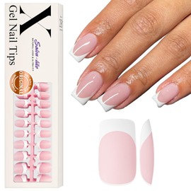 SXVME French Gel Nail Tips Medium Square Gel X Tips 300Pcs Pre-applied Tip Primer White French Tip Press on Nails Medium Short Square Pink, Natural French Tip Nails Fake Nails Extensions DIY Nail Art