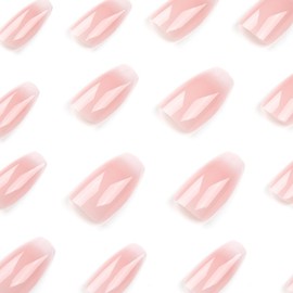Ombre Press on Nails Short Coffin Fake Nails Gradient Pink White False Nails Full Cover Glossy Glue on Nails Full Cover Acrylic Stick on Nails Nude Artificial Nails for Women Manicure 24Pcs