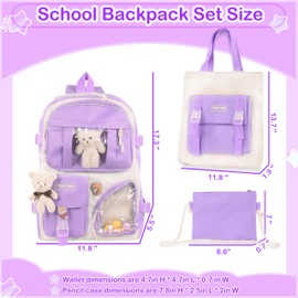 Lifelix Kawaii Backpack for Girls 5 Pcs School Bookbag Cuet Kids Schoolbag with Accessories Crossbody Bags Pencil Case Handbag Coin Purse (Purple)