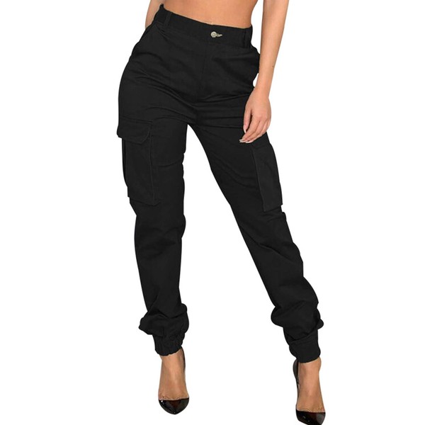 Cargo Pants Women Joggers with Pockets High Waisted Elastic Ankle Cuffed Slim Hiking Active Sweatpants Tapered(Black,XL)