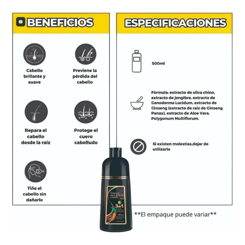 Tinte Shampoo Natural 3 En 1 Unisex Color Instantaneo 500