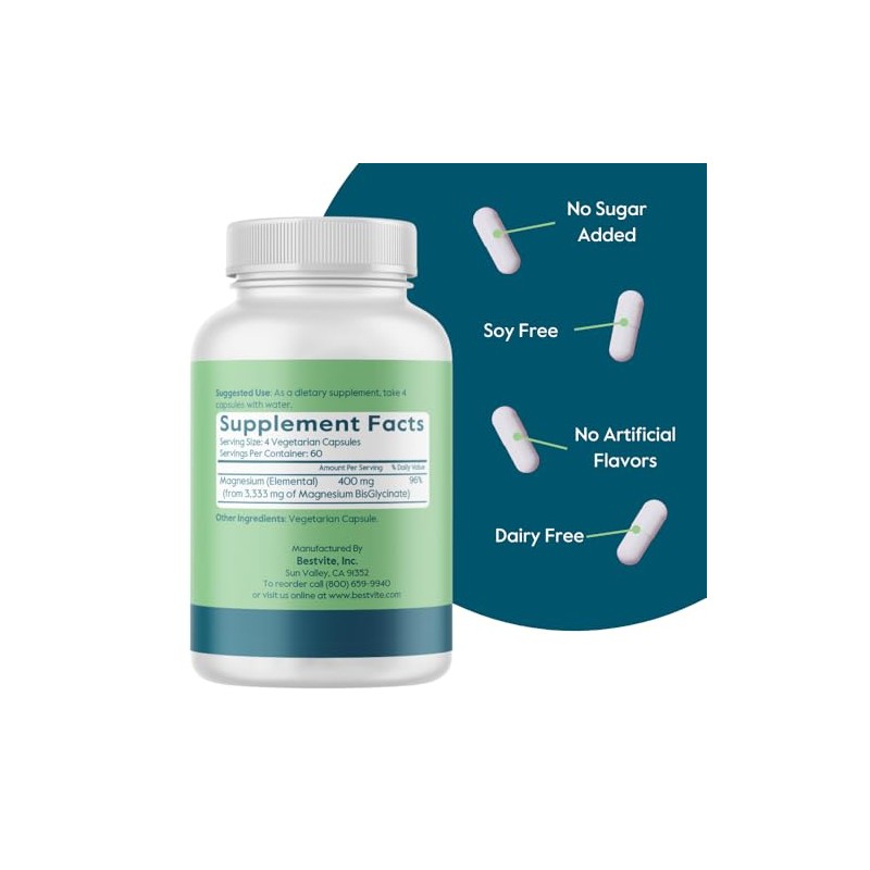 Magnesium Glycinate 400mg Per Serving 240 Vegetarian Capsules Stearates Silicon