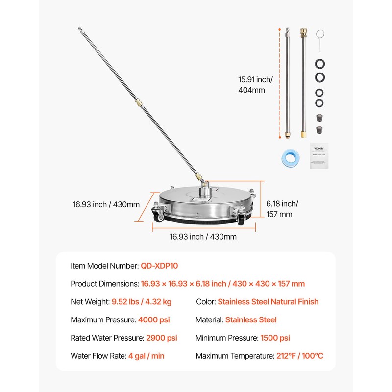 VEVOR 16.5" Pressure Washer Surface Cleaner, Stainless Steel Pressure Washer