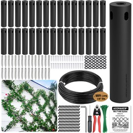 Acemaker Wire Trellis for Climbing Plants Outdoor, 30-Set Black ABS Plastic Wall Wire Trellis Kit with 1/8" x 98ft Vinyl Coated Cable & Cutter, Stainless Steel Cable Espalier System for Garden Fence