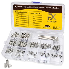FIXXELY Cone Point & Flat Head Grub Screws Set of 240 (M3,M4,M5,M6,M8) with 5 Allen Keys (M1.5,M2,M2.5,M3,M4) - 304 Stainless Steel Assorted Sizes Ideal for Door Handles, Home Repairs & Fixtures