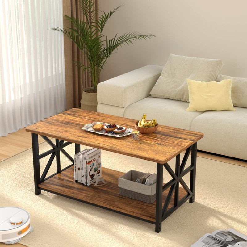 GreenForest Coffee Table with Round Corner, Farmhouse Center Table with