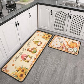 Buffalo Plaid Fall Kitchen Rug Set of 2, Hello Pumpkin Sunflower Orange Rugs Cute Gnome Mat, Autumn Thanksgiving Washable Non Slip Absorbent Microfiber Indoor Floor Decor Mats 17"x 47"+17"x 30"