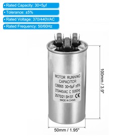 PATIKIL 30+5uF ±5% 30/5MDF 370/440V AC Fan Start Capacitor, CBB65 Circular Dual Run Capacitor for AC Motor Run Air Conditioner Cool Heat Pump Condenser Straight