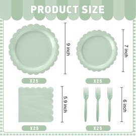 100 Pcs Sage Green Plates and Napkins - Disposable Sage Green Scalloped Paper Plates Napkins Forks for Wedding Bridal Shower Birthday Baby Shower, Serves 25