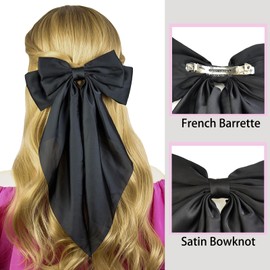 JGQUR Large Black Satin Hair Bow Clip for Women and Girls - Oversized Long Tail Hair Accessory, Cute Hair Bow for Everyday and Birthday Gifts, 1-Pack
