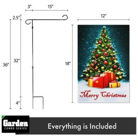 UD_G128 Combo Pack: Garden Flag Stand Black 36x16 Inch & Garden Flag Merry Christmas Tree with Gifts 12x18 Inch