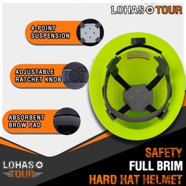 LOHASTOUR Full Brim Hard Hat Safety Helmet Vented ANSI Z89.1 Approved OSHA Hard Hats Construction Men Women Adult(Full Brim Lime)