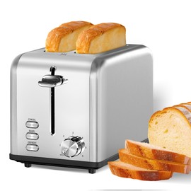 Simple Deluxe 2-Slice Toaster, Stainless Steel Toaster, 6 Browning Setting and 3 Function, Extra Wide Slot & Removable Crumb Tray, for Bread & Waffle, Silver