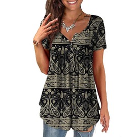 Baina Women's T-Shirt with Floral Print, V Neck Summer Top, Casual, Loose, Plus Size Tunic Tops for Women, Long Shirt, Oversize Blouse with Short Sleeves, M - 4XL Size - black, size: l