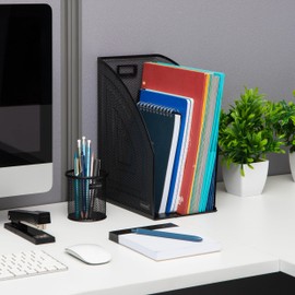Mind Reader Network Collection, Large Vertical File Storage Basket, Letter Size, Folders, Documents and Magazines, Desktop Organizer, Metal Mesh, Set of 2, 10" L x 6.25" W x 12.5" H, Black