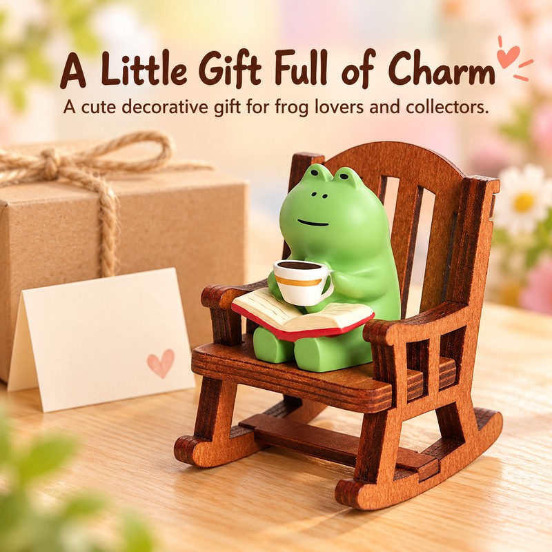 Frog Rocking Chair Figurine – Cute Resin Frog with Coffee