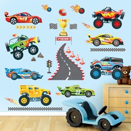 DECOWALL DS9-8083 Racing Car Wall Stickers transports decals boy room vehicles baby nursery kids bedroom playroom wall decor colorful toy road peel stick removable home