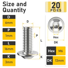 Valorada M6 Bolts, M6 x 16mm Flanged Button Head Socket Cap Screw Bolts, Allen Socket Drive, Stainless Steel 304, Full Thread, with Hex Spanner, Pack of 20