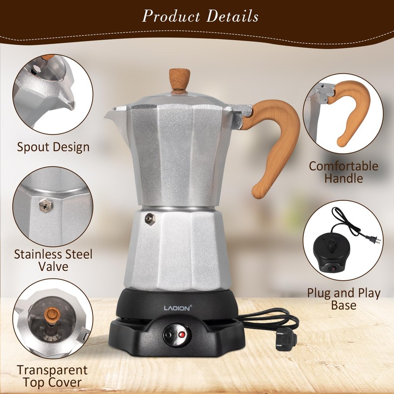 LAOION Cafeteras Electricas Modernas,6 Cup Portable Espresso Maker,300ml Moka Pot