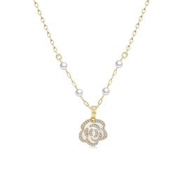 Dainty Pearl Camellia Flower Gold Plated Choker Necklace for Women Elegant Stainless Steel Floral Flower Pendant Necklaces for Mom Her Bff Adjustable ChainFashion Jewelry Birthday Gift