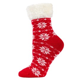 MeMoi Women's Snowflake Fair Isle Plush Cabin Socks Tango Red 9-11