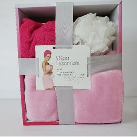 Spa Essentials Plush Towel Wrap Hair Towel Twist Loofah Bathroom Gift Set Pink
