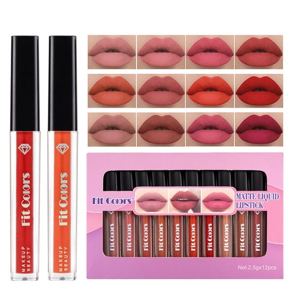 FantasyDay 12 Colours Matte Nude Tones Lipstick Set Waterproof Durable Liquid Lip Gloss Women Lips Moisturising Lip Care Lipsticks Gift Set for Full Looking Lips