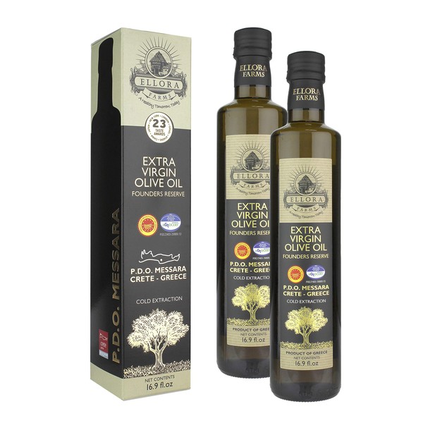 Ellora Farms, Greek Extra Virgin Olive Oil, Certified Single Estate Messara, Greece, Gold Medal Winner, Dark Bottle 17 FL oz., Pack of 2