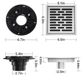 EXF Square Shower Floor Drain 6 Inch Brushed Nickel, Stainless Steel Shower Drain Kit with Flange, Removable Brick Pattern Drain Cover, Hair Strainer