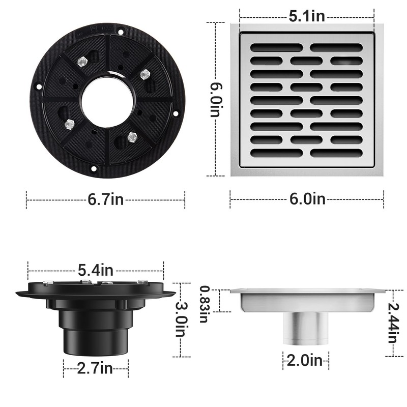 EXF Square Shower Floor Drain 6 Inch Brushed Nickel, Stainless