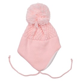 Baby Knitted Winter Hat, Boys & Girls Wooly Pom-Pom Hat with Ear Flaps & Chin Tie, Pink, 12-18 Months