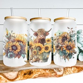 Sunflower Highland Cow Gifts for Women, Frosted Glass Tumbler, 16 OZ Glass Cups for Iced Coffee, Smoothie, Reusable Boba Cup, Glass Cup with Bamboo Lid and Straw, Best Gifts, Country Cowgirl 1 Cup