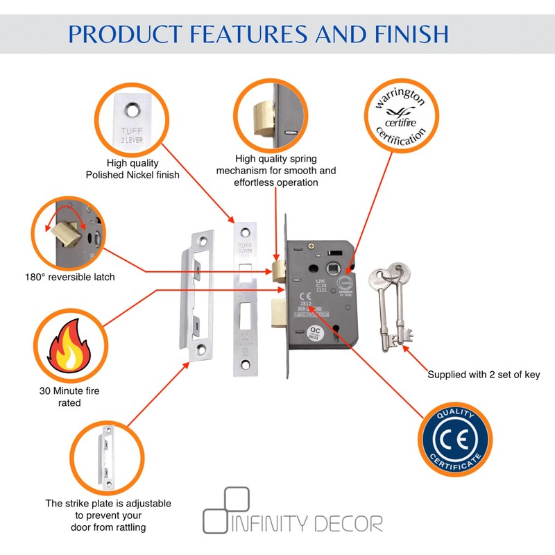 Infinity Decor Fire Rated Polished Chrome 3 Lever Mortice Sash