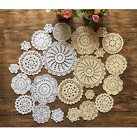 MINDPLUS Set of 24 Hand Crochet Doilies Cotton Crocheted Lace Doilies 2-7 Inches Round White Beige Vintage (12pcs White&12pcs Beige)