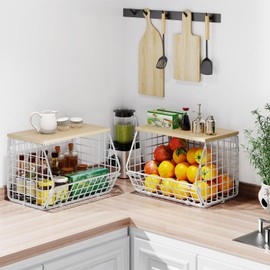 Wetheny 2pcs Wall Mounted Wire Basket Fruit Basket with Wood Top - Kitchen Pantry Organization and Storage, Stackable Tiered Hanging Baskets for Fruits, Onion, Potato, Produce, Vegetable,Storage