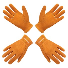 HANDLANDY 2 Pairs Kids Genuine Leather Work Gloves for ages 3-11, Children Gardening Gloves for Boys, Girls (Medium (for age 5-7), Orange)