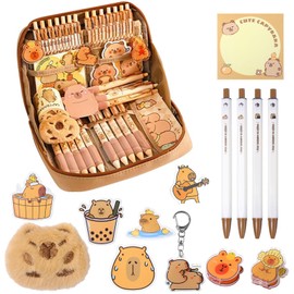 Capybara Pencil Case for Girls Boys, Large Aesthetic Cute Back to School School Supplies Pencilcase with Pen Notepad Plush Doll Keychain Clips Gifts Set for Office School Students