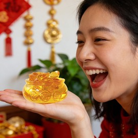 1PCS Feng Shui Golden Treasure Basin and About 20 PCS Ingot Yuan Bao, 3In Crystal Glass Treasure Basin Good Luck Wealth Prosperity Figurine for Feng Shui Decor, Home Office Decor Chinese Gifts