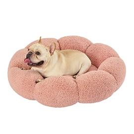 Lesure Calming Medium Dog Bed - Donut Round Fluffy Puppy Bed in Teddy Sherpa Plush, Anti-Slip Cute Flower Cat Beds for Indoor Cats, Anti-Anxiety Pet Bed Fits up to 45 lbs, Machine Washable, Pink 30"