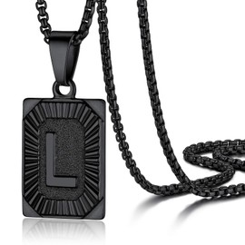 PROSTEEL L Initial Letter Necklace Square Pendant Stainless Steel Box Chain Black Necklace for Men