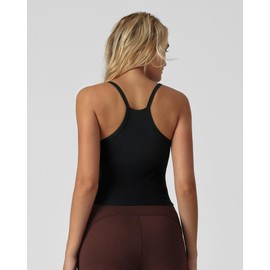 Luvrobes Sleeveless Tops for Women, High Neck Spaghetti Strap Tank Top with Built in Bra Seamless Yoga Workout Longline Bras Black