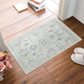 GLN Rugs Bohemian Collection - Machine Washable Area Rug, Bohemian Vintage Washable Rug, Non Slip Area Rug, Low Pile Chenille Living Room Rug, Bedroom Rug, Bathroom Rug (2'x3' Beige and Gray Rug)
