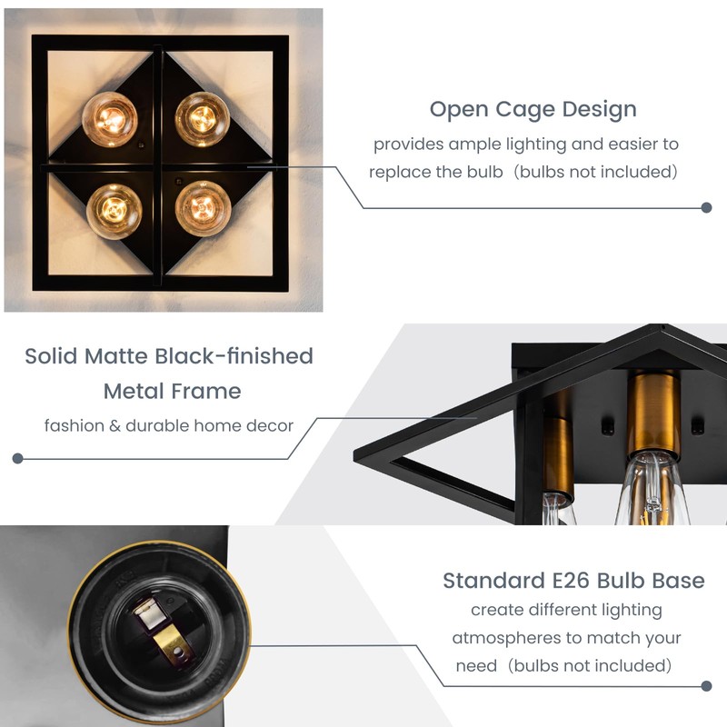Semi Flush Mount Ceiling Light Fixture, 4 Light Industrial Ceiling