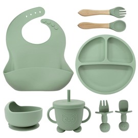 8pzs Platos para Bebe Silicon, Set Alimentacion Complementaria Bebe (Verde)